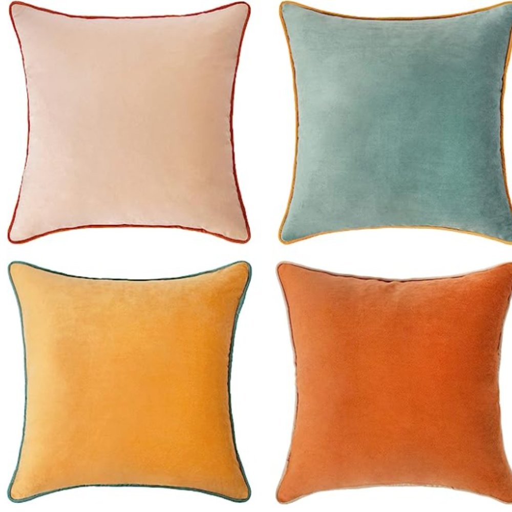 Throw Pillow Covers, Set of 4 Soft Velvet Double-Sided (18x18 inch, Orange/Teal)